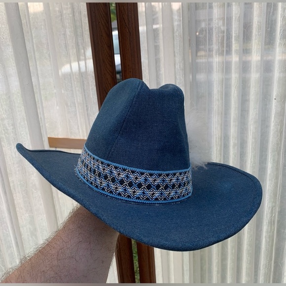 Vintage 1970’s YA Blue Denim Jean Cowboy Hat Size L Dark Wash Western 7 1/4 3/8 - Picture 9 of 9